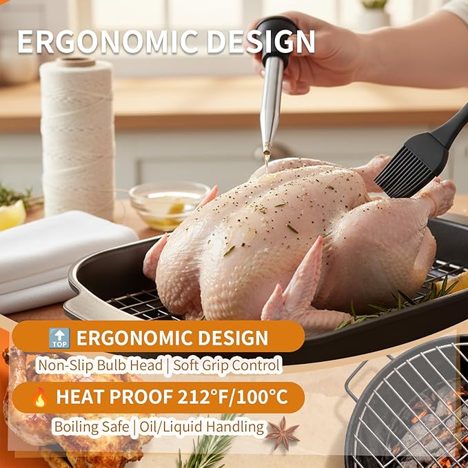 Boao 5pcs Thanksgiving Stainless Steel Turkey Baster with Basting Needles, Reusable Cheesecloth, Pastry String and Silicone BBQ Brush, Kitchen Tool Set for Christmas Cooking Baking Grilling Marinating