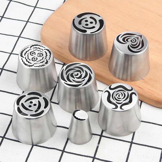 6 Pieces Extra Large Stainless Steel Russian Tulip Marshmallow Icing Tips Kit, Cupcake Dessert Piping Nozzles Set,1 Small Size Russian Icing Tip for Cake Decorations,Pastry Baking Tools