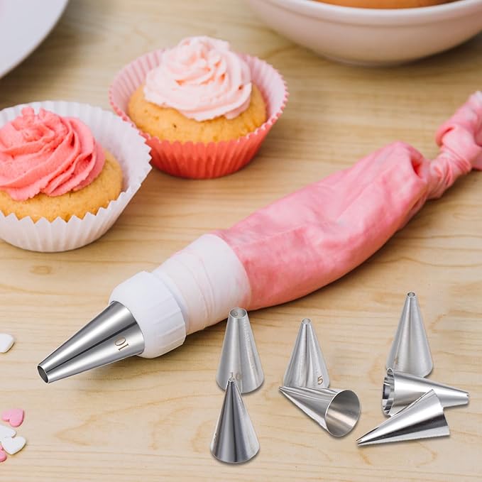 Bewudy 7 Pcs Round Hole Piping Tips Set, Stainless Steel Cupcake Frosting Nozzles Tool Professional Cake Decorating Tool for Baking Cookies Puff Doughnut Cream Bag Filler