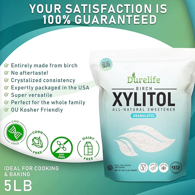 DureLife XYLITOL Sugar Substitute 10 LB (160 OZ) Made From 100% Pure Birch Xylitol NON GMO - Gluten Free - Kosher, Sugar alternative,