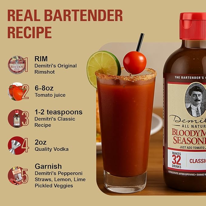 Demitri's Bloody Mary Seasoning Classic Recipe - Bloody Mary Mix - Concentrated Drink Mixer - Bold Rich Flavor - Perfect for Home Brunch Parties & Cocktails - 8oz Bottle (Pack of 3)