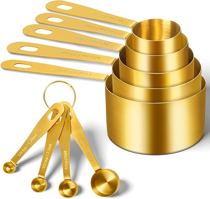 Gold Measuring Cups and Spoons, Set of 9, Including 4 Measuring Spoons, 5 Measuring Cups, Stainless Steel Kitchen Gadgets for Liquid & Dry Ingredients