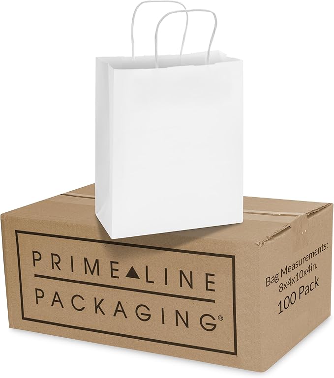 Prime Line Packaging White Paper Bags, Kraft Gift Bags with Handles for Small Business, Boutique, Retail, Shopping, Birthdays, Party Favors, Bulk, 8x4x10, 100 Pack