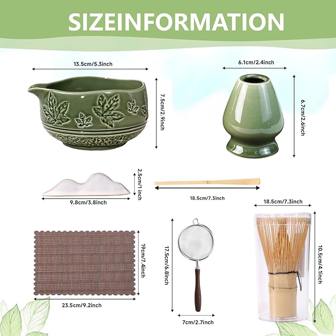 7 Pcs Matcha Whisk Set, Ceremony Matcha Kit with Matcha Bowl, Bamboo Whisk and Holder, Scoop and Scoop Rest, Sifter and Tea Towel, Gift for Matcha Lovers (Green/Maple Leaf-Patterned)