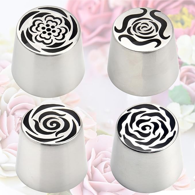 Cake Decorating Kit Extra Large Russian Piping Tips Stainless Steel Icing Tips Set for Buttercream Roses 3D Floral Designs Baker Tools for Wedding Birthday Cakes Cupcakes Cookies (4)
