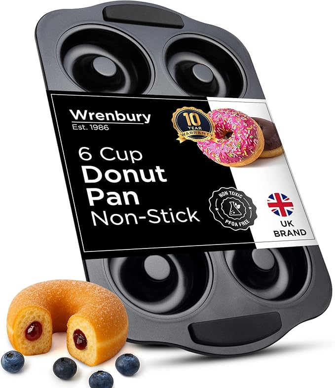 Wrenbury Donut Pan for Baking 6 Cup Jumbo - Non Toxic Large Doughnut Mold Baking Tray - Carbon Steel Bagel Molds - 3.5” Cup - Easy Clean