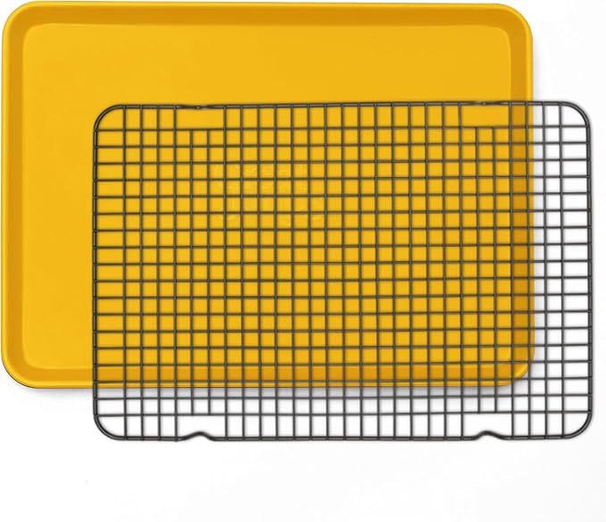 Great Jones Little Sheet Pan (Mustard) & Little Chill Rack (Pepper) | 13.5 x 9.5 Heavy-Duty Nonstick Pan & Cooling Rack | Baking Tray & Wire Rack for Cooking, Baking, Roasting | Oven & Dishwasher Safe
