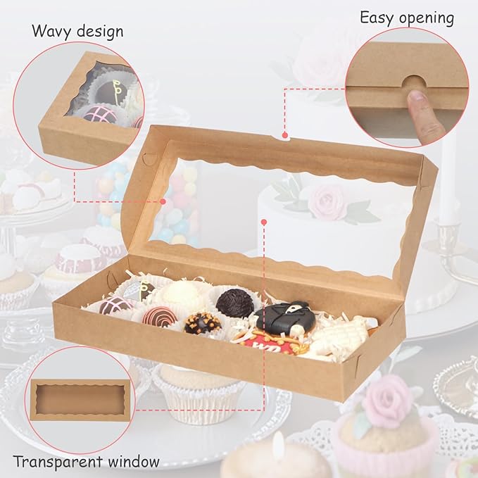 15pcs 12x5x1.5 Inch Borwn Cookies Boxes with Window Bakery Boxes Macaron Boxes Cakesickle Boxes Chocolate Truffle Boxes Donut Treat Boxes for Christmas Valentine's Easter Mother's Day
