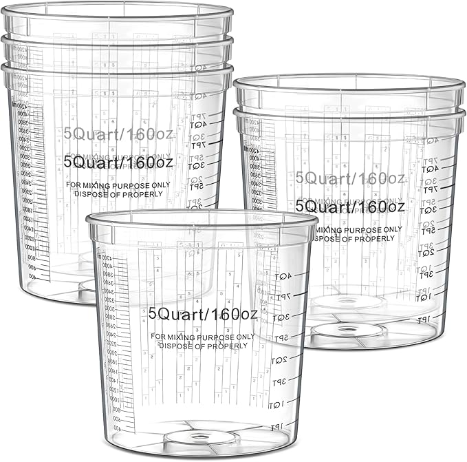 Maxdot 6 Pcs 5 Quart/160 Ounce Paint Mixing Cups Plastic Measuring Cups for Liquids Automotive Painting, Epoxy Resin, Acrylic Arts, Disposable or Reusable, Crafts, Graduated, Mixing Ratios