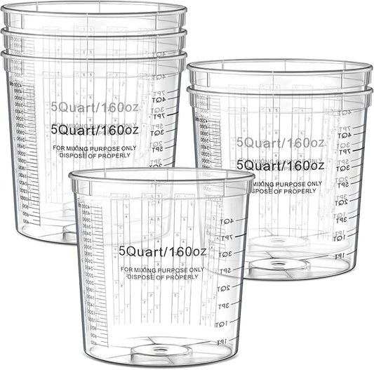 Maxdot 6 Pcs 5 Quart/160 Ounce Paint Mixing Cups Plastic Measuring Cups for Liquids Automotive Painting, Epoxy Resin, Acrylic Arts, Disposable or Reusable, Crafts, Graduated, Mixing Ratios