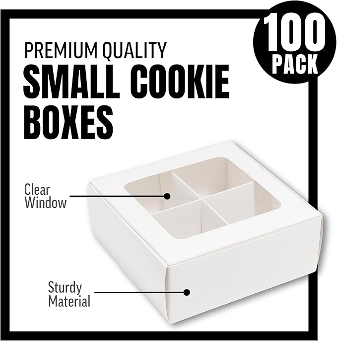 100 pcs White Mini Cookie Boxes for 4 treats with Window and Dividers, Bakery Boxes, 6 x 6 x 2.4 Inches SMALL Baking Boxes, Square Cookies Box Decorating Supplies for Gift Giving