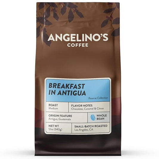 Angelino's Coffee Breakfast Blend Coffee, Reserve 12oz Whole Bean, Medium Roast Guatemala Coffee with Chocolate & Caramel Notes, Guatemalan Coffee Beans with Citrus Hints - Breakfast in Antigua