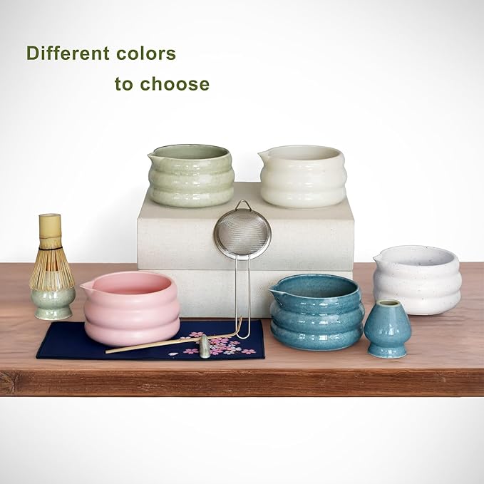 Matcha Whisk Set Mottled Green, Ceramic Matcha Kit Set Christmas Gift Includes Matcha Bowl, Matcha Whisk and Holder, Bamboo Scoop, Scoop Rest, Sifter and Tea Towel - 7 Pcs Matcha Kit for Lovers