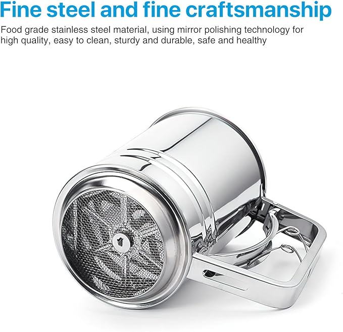 Flour Sifter for Baking, 304 Stainless Steel 3 Cup Flour Sieve Fine Mesh Screen Powder Sifters for Quick Sifting, Double-layer Squeeze Baking Sifters for Cooking Baking Kitchen Sugar Utensil DIY Tool