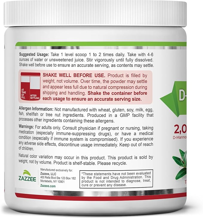 Zazzee D-Mannose Powder Plus, 2000 mg, 120 Servings, Potent & Fast-Acting, Plus 5 Billion CFU Probiotics and Pure Cranberry Juice Extract, Kosher, Free Scoop, 11.94 Oz, Gluten-Free, Non-GMO