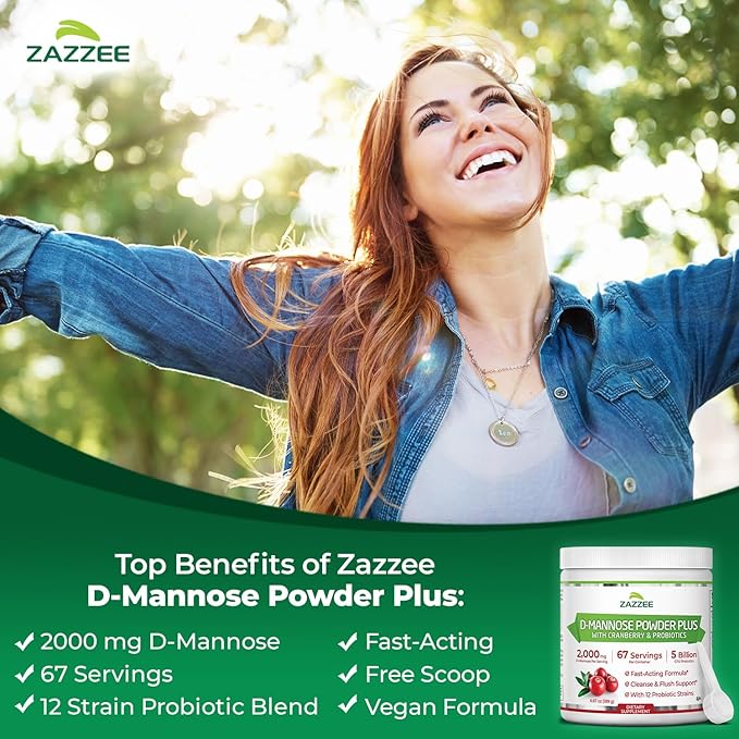 Zazzee D-Mannose Powder Plus, 2000 mg, 67 Servings, Potent & Fast-Acting, Plus 5 Billion CFU Probiotics and Pure Cranberry Juice Extract, Kosher, Free Scoop, 6.5 Oz, Gluten-Free, Non-GMO All-Natural