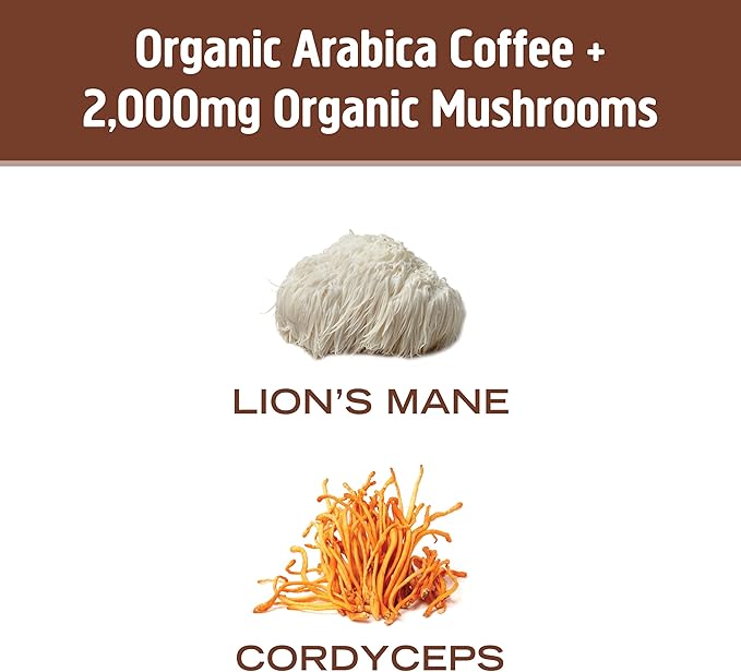 OM MUSHROOM SUPERFOOD Coffee Blend – Organic Arabica with Lion’s Mane, Cordyceps, Reishi, Turkey Tail & Ginkgo – Supports Energy, Focus & Clarity – 6.24 oz Canister (30 Servings)