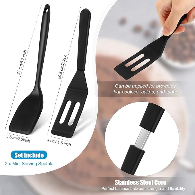 Patelai Mini Silicone Brownie Serving Spatula Flexible Nonstick Serve Turner Heat Resistant Cookie Slotted Spatula for Eggs in Small Frying Pan Cookie Batter Lemon Baked(Black,2 Pieces)