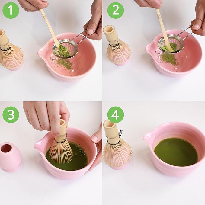 Matcha Whisk Set, Pink Matcha Kit Set with Bowl, Whisk, Bamboo Scoop, Scoop Rest, Sifter - 5 Pcs Matcha Kit for Lover
