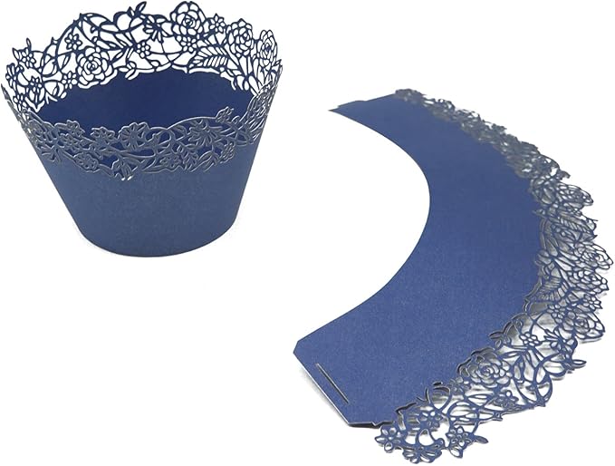 Cupcake Wrappers Pack of 50 Blue Filigree Artistic Bake Cake Paper Cups Little Vine Lace Laser Cut Liner Baking Cup Muffin Case Trays for Wedding Party Birthday Decoration -By KEIVA
