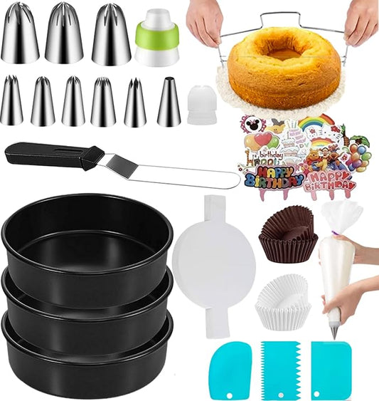 Tingjia 179PCs Round Cake Pans Sets for Baking-Nonstick 8 Inch Springform Cake Pan Set of 3 with Cake Decorating Supplies Kit, Cake Leveler, Icing Tips, Piping Bags, Spatula, and Baking Pans Set