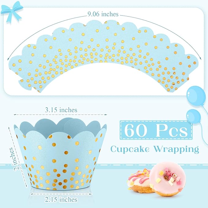 Zhehao 60 Pcs Gold Polka Dots Cupcake Wrappers Adjustable Graduation Cupcake Liners Paper Baking Cups Disposable Muffin Liners Holders for Birthday Baby Shower Wedding Party Supplies(Light Blue)