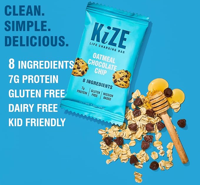 KiZE Energy Bars - Oatmeal Chocolate Chip - Gluten Free, Dairy Free, Non-GMO, and High Protein Meal Replacement Energy Bars, Clean and Simple Food Ingredients - 7g High Protein Snacks, (10 Count)