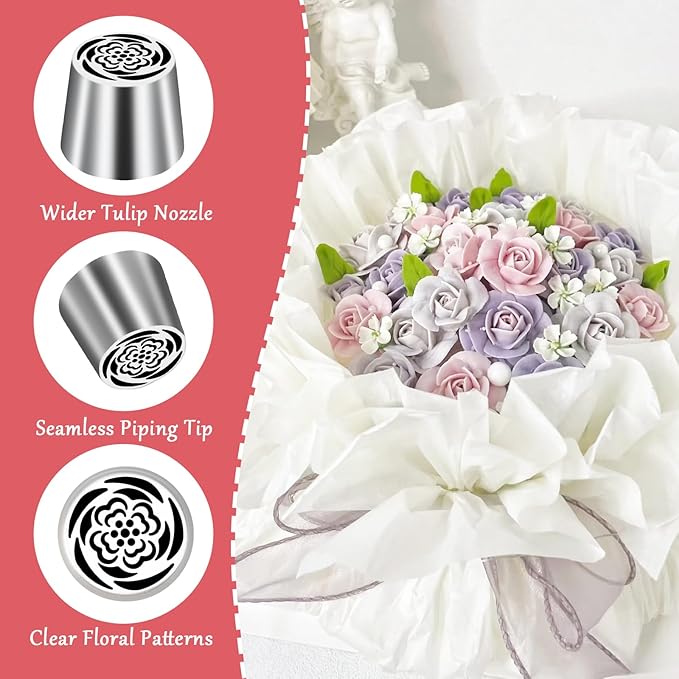 Extra Large Russian Piping Tip Stainless Steel Rose Floral Piping Nozzle Icing Piping Kit for Cake Decorating Flower Frosting Piping Pastry Cupcakes Cakes Cookies Desserts Baking Tool