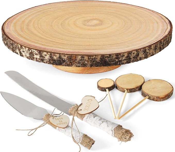 12” Wood Cake Stand with Wooden Slice Cake Topper and Cake Cutting Set, Suitable for Wedding Receptions or Any Special Events