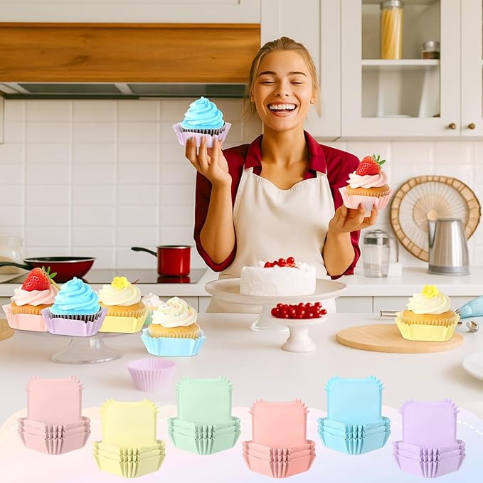 LemonRoad 300pcs Coated Paper Cupcake Liners for Baking Colorful Greaseproof Baking Cup for Muffin Dessert Candy Biscuit Cookies Brownie Wedding Birthday Party Baby Shower(Colorful,Square)