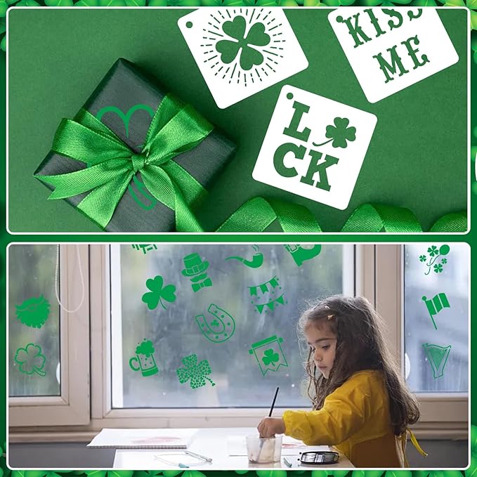 AUGSHY St Patrick's Day Stencils, 56 Pack Clover Theme Templates Stencils for Painting on Wood Ornaments Wood Slice DIY Crafts Fabrics Window St Patrick's Day Party Home Decor (3 Inch)
