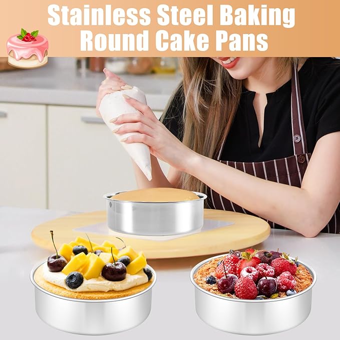 Round Cake Pan Set of 4, 6 inch Stainless Steel Cake,Small Baking Pans For Baking, Serving, Steaming, Mirror Finish & Dishwasher Safe