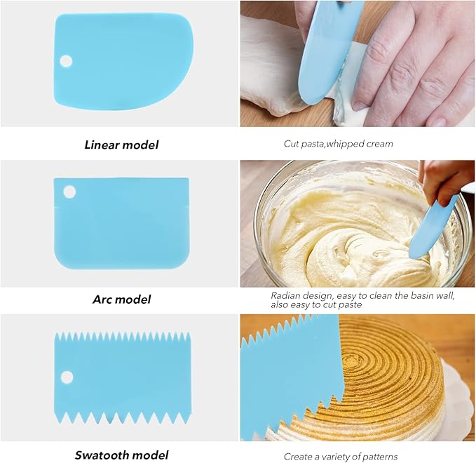 Multipurpose Bowl, Cake Scraper and Dish Scraper Smoother, 5 Pcs Flexible Plastic Dough Cutter, Bench Scraper for Baking Kitchen (Blue)