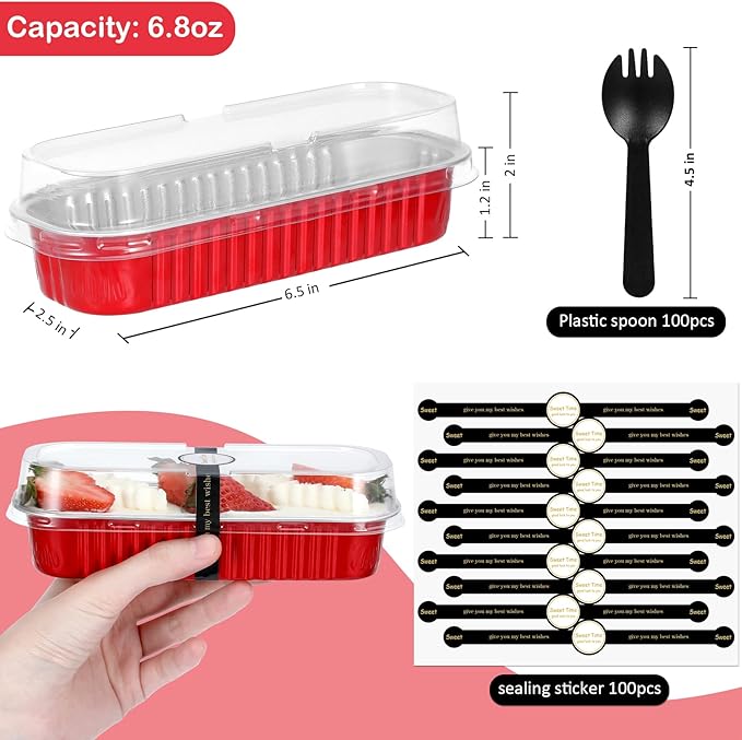 Mini Loaf Pans with Lids and Spoons (100 Pack, Red, 6.8oz) Rectangular Aluminum Foil Baking Pans