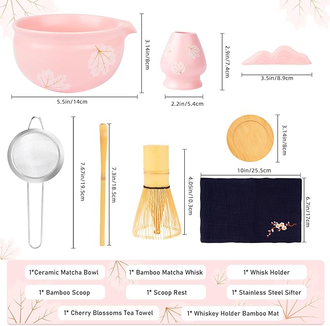 Matcha Set (8 PCS),Pink Matcha Whisk Set Inclded Ceramic Matcha Bowl and Whisk Set,Holder,Holder Mat,Bamboo Scoop,Scoop Rest,Sifter and Tea Towel,Cute Matcha Kit for Macha Lovers and Tea Ceremony
