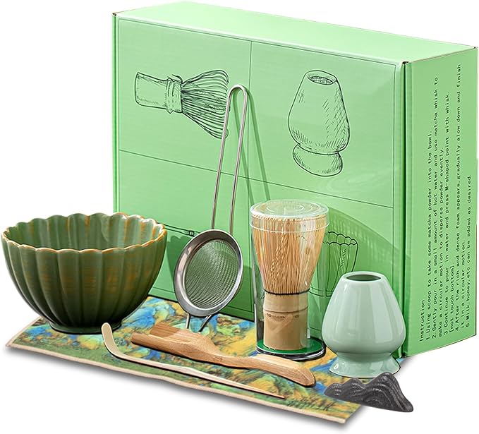 8PCS Matcha Whisk Set - Matcha Set Ceramic Whisk and Bowl, Japanese Buucup Matcha Set, Sifter, Scoop, Holder & Tea Towel for Traditional Matcha Ceremony (Green)