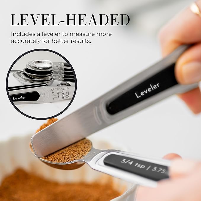 Stainless Steel Magnetic Measuring Spoons Set - 8-Piece Heavy Duty Metal, BPA-free, Stackable, Double Sided Measuring Spoons with Leveler for Dry and Liquid Ingredient - Fits in Spice Jars