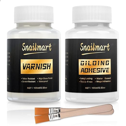 Gold Leaf Adhesive,100ml /3.52oz Water-Based Gold Leaf Glue & 100ml /3.52oz Protective Varnish with 2 Brushes - Ideal for Craft, Painting, Arts, DIY Projects
