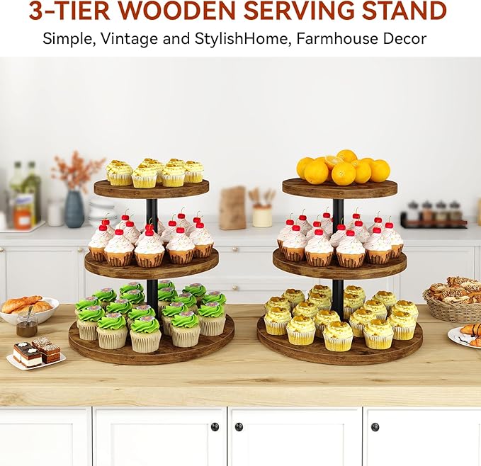 IBUYKE 3 Tier Cupcake Stand,Set of 2,Wood Durable Cupcake Tower,Round Serving Display Stand,Dessert Table Display Tree Tower for Birthday,Home Party, Wedding, Baby Shower,Rustic Brown UTLJ017H-2