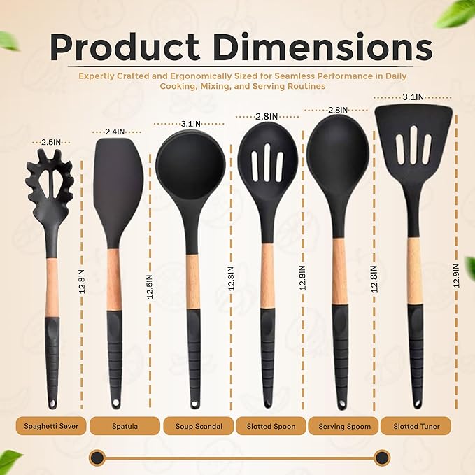 Kitchen Utensils Set, Special Edition with Silicon Handle, Silicone Cooking Tools, 6 Piece, Black, 12.9 Inch Length, Used for Cooking, Baking, Mixing, Serving