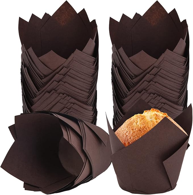 200Pcs Tulip Cupcake Liners Muffin Baking Holders Premium Cups Wrappers Christmas Lliners for Weddings, Birthdays, Anniversaries, and Special Occasions（Brown）