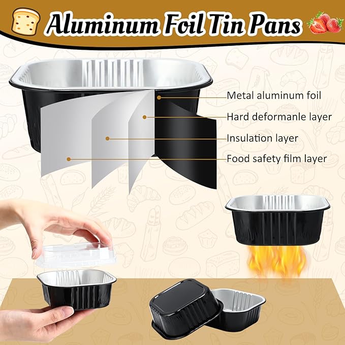 Aoriher 300 Pieces 10 oz Mini Cake Pans with Lids, Aluminum Foil Baking Cups, Square Disposable Cupcake Cups Baking Tins for Wedding Birthday Party Supplies(Black, Silver)