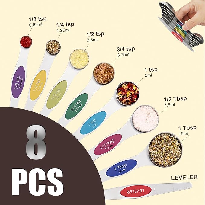 SHIKORI Magnetic Measuring Spoons Set of 8 Stainless Steel Stackable Dual Sided Nesting Teaspoons and Tablespoons for Measuring Dry and Liquid Ingredients-Multicolor
