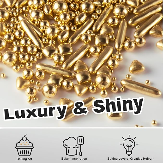 HUEBEATY 6-in-1 Metallic Gold Dragees Sprinkles for Cake Decorating, Cupcakes & Cookies | 180g/6.36oz | Birthdays, Weddings, Holiday, Christmas Fancy Gold Cake Candy Pearls Sprinkles and Decorations