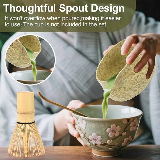 Matcha Whisk Set, 7 Pcs Matcha Kit Includes Matcha Bowl, Whisk and Holder, Bamboo Scoop, Scoop Rest, Sifter and Tea Towel, Gift for Matcha Lover (Mottled Green)