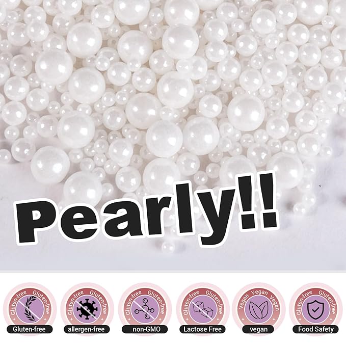 HUEBEATY 7-in-1 White Edible Pearls Sprinkles with Claw Sprinkle Pen – 180g/6.36oz White Cake Sugar Pearls 2mm to 10mm & Sugar Rods for Cake Decorating, Cupcakes, Cookies, Wedding & Valentines Desserts