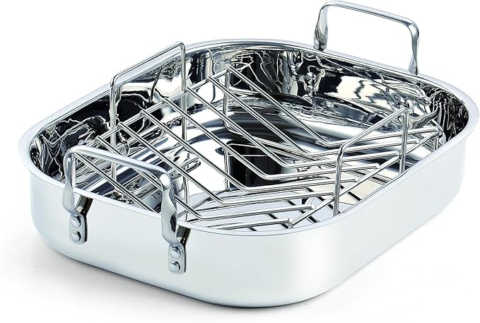Cooks Standard Stainless Steel Roaster Pan with V-Shaped Rack, 16-Inch by 13-Inch Turkey Roasting Pan Bakeware for Oven, Rectangular