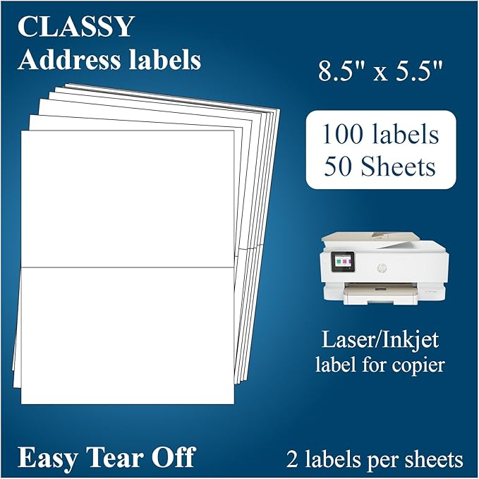 (50 Sheets, 100 Labels) Sticker Paper, 11" x 8.5" Half Sheet Shipping Address Labels, 2 Per Page Self Adhesive Mailing Label for Laser and Inkjet Printers