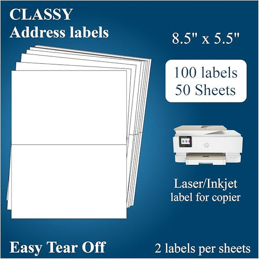 (50 Sheets, 100 Labels) Sticker Paper, 11" x 8.5" Half Sheet Shipping Address Labels, 2 Per Page Self Adhesive Mailing Label for Laser and Inkjet Printers