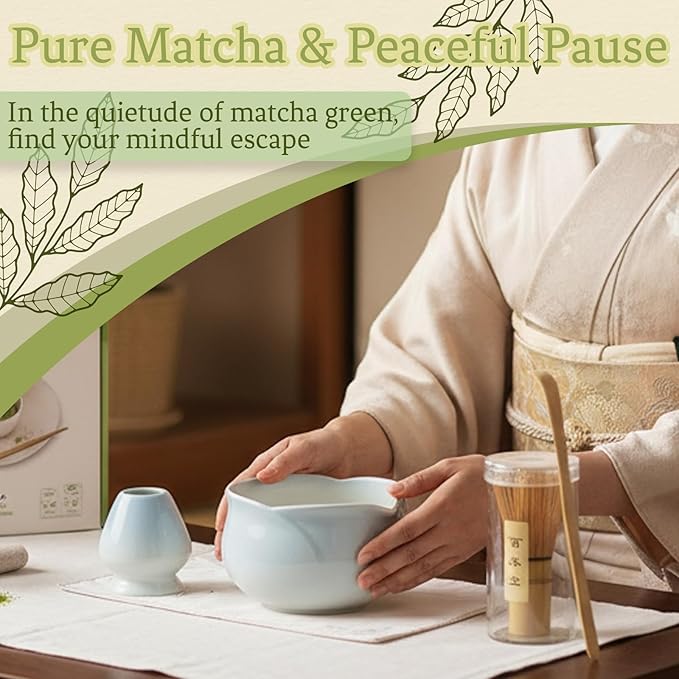 8 Pcs Matcha Whisk Set Chasen Matcha Whisk Bamboo Bowl with Spout Sifter Spoon Scoop Whisk Holder Bamboo Mat Complete Matcha Making Kit (Blue Petal)